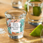 Tropical Beach Funny Wedding Favour Shot Glass<br><div class="desc">Tropical wedding keepsake favours for your beach wedding guests. Shot glasses featuring a tropical pattern with black text design that reads - Booze,  food and bad dance moves. Customize with your names and wedding date.</div>