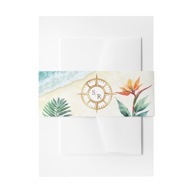 Tropical Beach Gold Compass Monogram Passport Invitation Belly Band (Front Example)