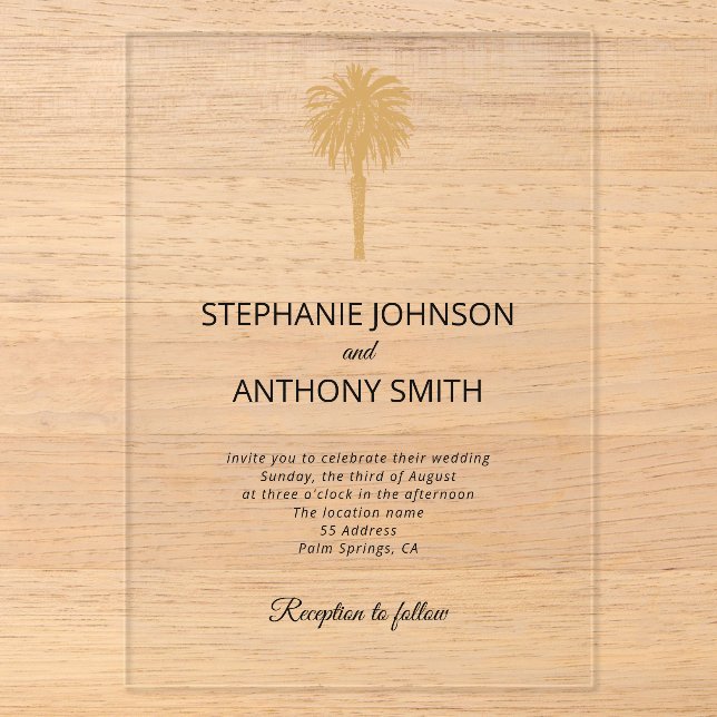 Tropical Beach Gold Palm Tree Destination Wedding  Acrylic Invitations (Front)
