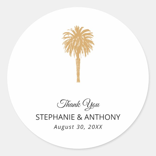 Tropical Beach Gold Palm Tree Destination Wedding  Classic Round Sticker (Front)