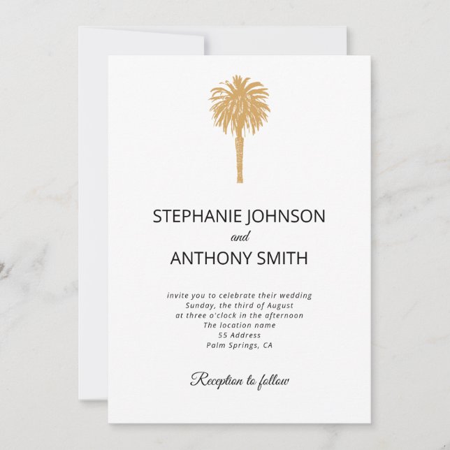 Tropical Beach Gold Palm Tree Destination Wedding  Invitation (Front)