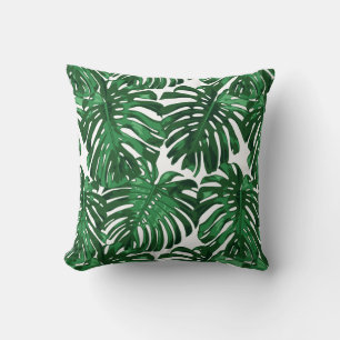 Tropical Beach Green Monstera Palm Jungle Leaves Throw Pillow