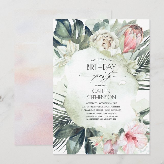 Tropical Beach Greenery and Flowers Birthday Invitation (Front/Back)