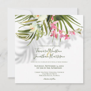 Tropical Beach Greenery Pink Floral Wedding Invitation