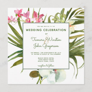 Tropical Beach Greenery Pink Floral White Orchids Invitation