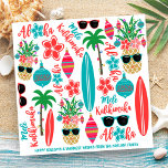Tropical Beach Hawaiian Pineapple Mele Kalikimaka Holiday Card<br><div class="desc">Tropical beach theme square Christmas card features a pattern of surfboards,  palm trees with string lights,  decorated pineapples,  hibiscus flowers,  sunglasses,  ornaments and the Hawaiian greetings "Mele Kalikimaka" and "Aloha". Perfect for beach,  coastal,  island and surfing themes. Original artwork KL Stock.</div>