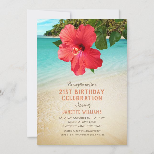 Tropical Beach Hawaiian Themed 21st Birthday Party Invitation (Front)