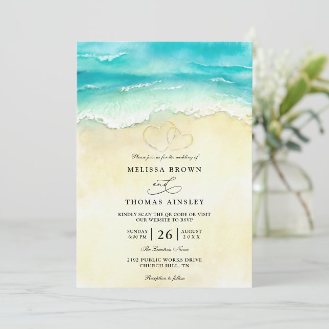 Tropical Beach Heart Watercolor QR Code Wedding Invitation (Standing Front)