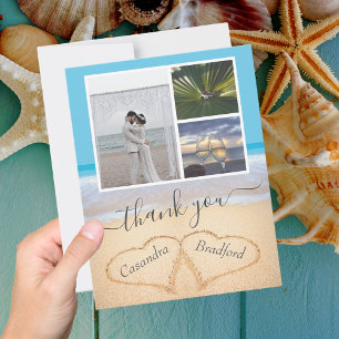 Tropical Beach Hearts in Sand Wedding Thank you Card