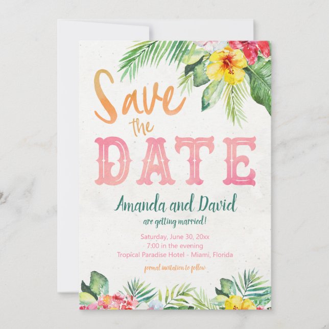 Tropical Beach Hibiscus and Flamingo Save the Date Invitation (Front)
