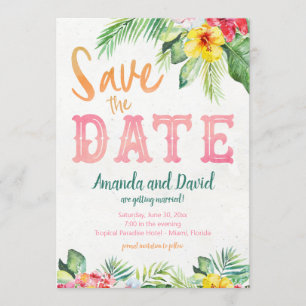 Tropical Beach Hibiscus and Flamingo Save the Date Invitation