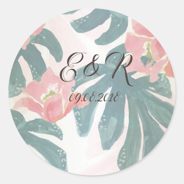 Tropical Beach Hibiskus Palm Leaves Classic Round Sticker (Front)