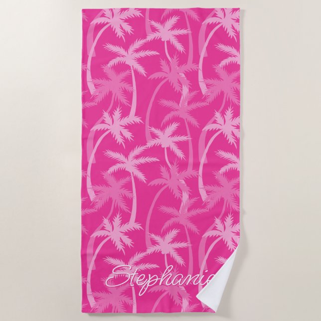 Tropical Beach Hot Pink Palm Tree Monogrammed Towel (Front)