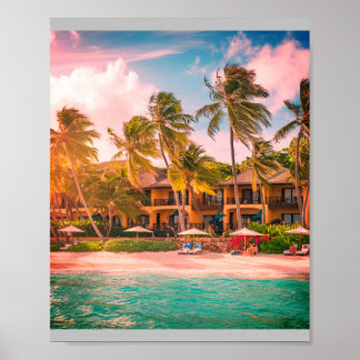 Tropical Beach Hotel with Coconut Trees Poster