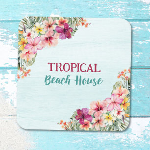 Tropical Beach House Pink Flowers Floral Botanical Square Paper Coaster