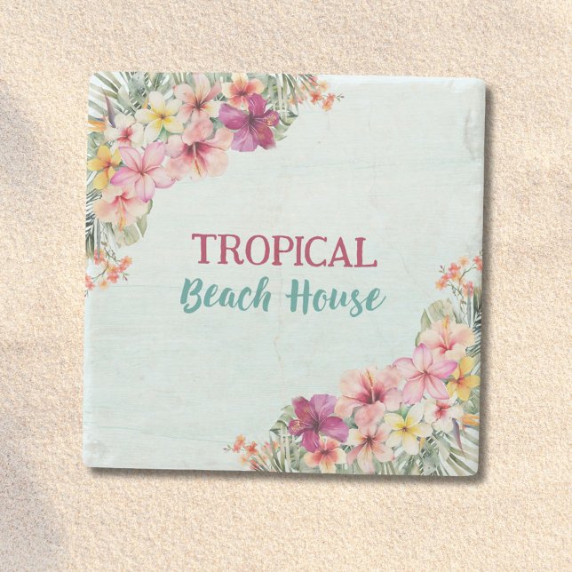 Tropical Beach House Pink Flowers Floral Botanical Stone Coaster (In situ)