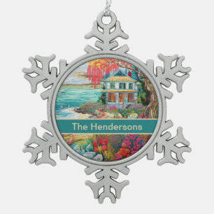 Tropical Beach House Turquoise Pink Name Christmas Snowflake Pewter Christmas Ornament
