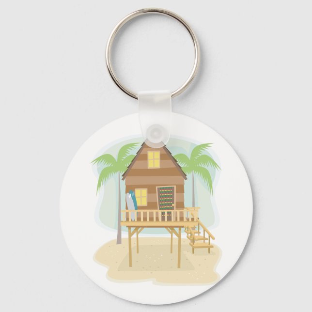 Tropical Beach Hut Surfboards and Palm Trees Keychain (Front)