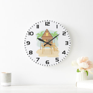 Tropical Beach Hut Surfboards and Palm Trees Large Clock