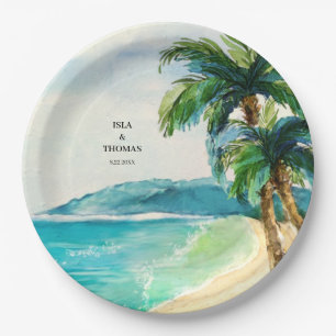 Tropical Beach Lagoon   Palm Tree Paradise Wedding Paper Plate