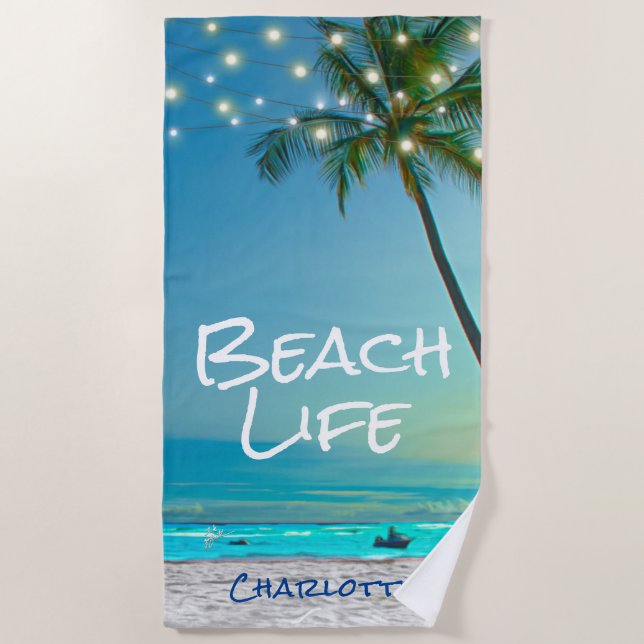 Tropical Beach Life Palm Trees Beach Blue Ocean Beach Towel (Front)