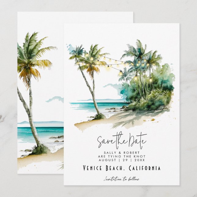 Tropical beach lights save the date card (Front/Back)