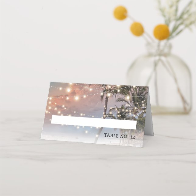 Tropical Beach Lights Wedding Place Card (Front)