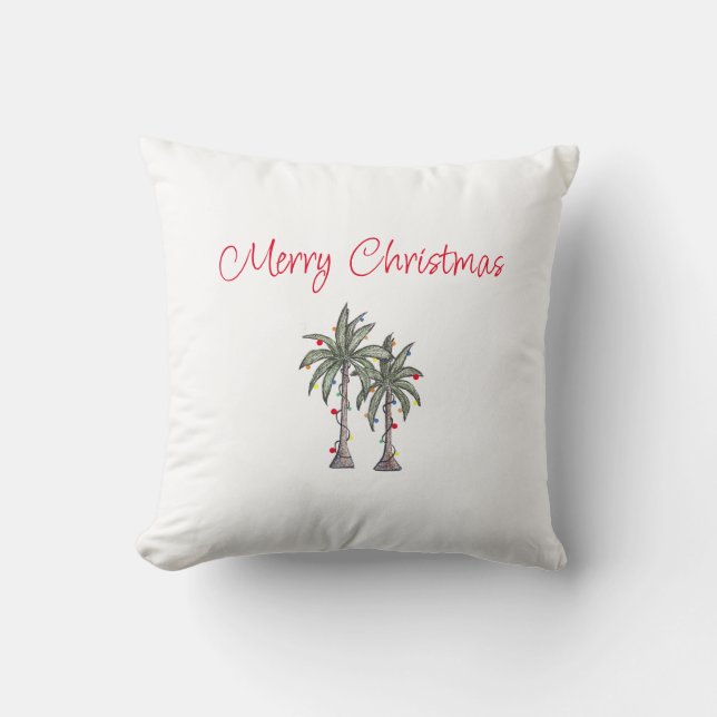 Tropical Beach Merry Christmas Palm Trees Drawing Throw Pillow (Front)