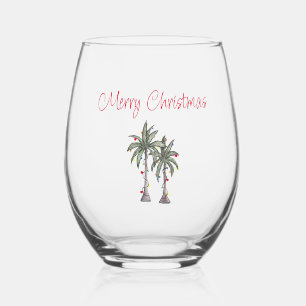 Tropical Beach Merry Christmas Palm Trees Stemless Wine Glass