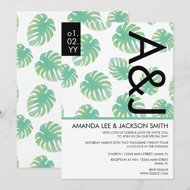 Tropical Beach Monstera Green Black Wedding Invita Invitation (Front/Back)