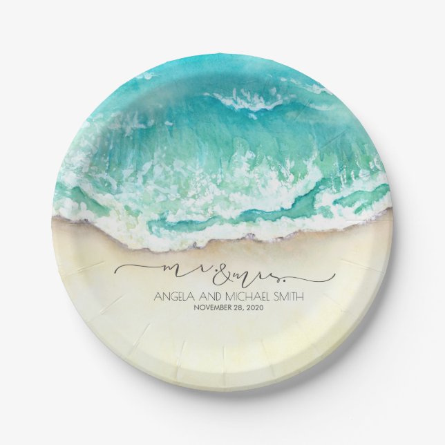Tropical Beach Mr and Mrs Wedding Paper Plate (Front)
