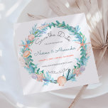 Tropical Beach Nautical Sea Wreath Wedding Save The Date<br><div class="desc">Tropical,  square wedding Save the Date card features a nautical wreath of seashells,  anchor,  seaweed,  coral and starfish with grey lettering. Perfect for beach,  destination,  coastal and nautical themed weddings. Original artwork KL Stock.</div>