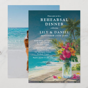 Tropical Beach Ocean Floral Rehearsal Dinner Photo Invitation