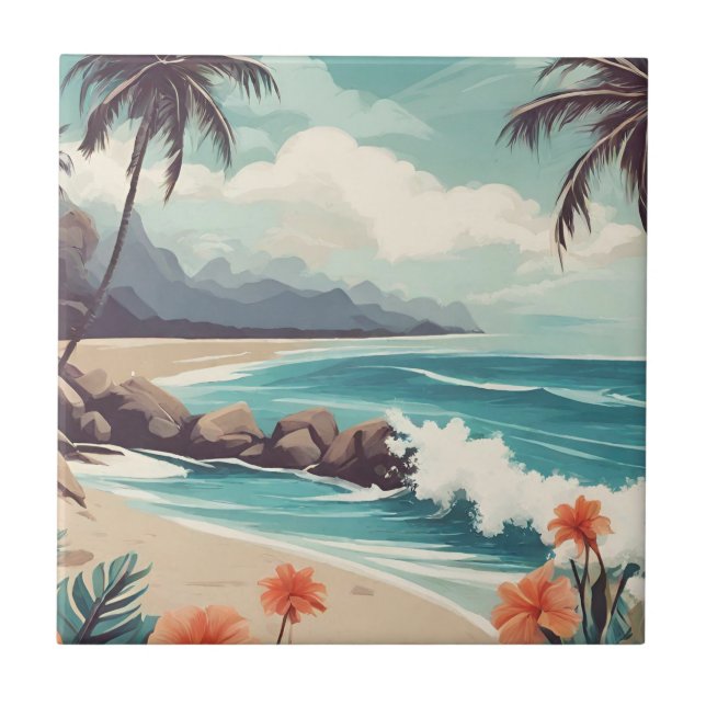 Tropical Beach, Ocean, Hibiscus Flowers  Tile (Front)