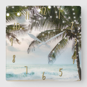 Tropical Beach Ocean Palm Trees & Lights Square Wall Clock