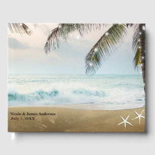 Tropical Beach Ocean Palm Trees & Lights Wedding Guest Book