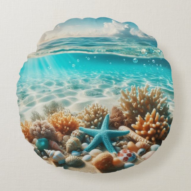 Tropical Beach Ocean Seashells And Starfish Round Pillow (Front)