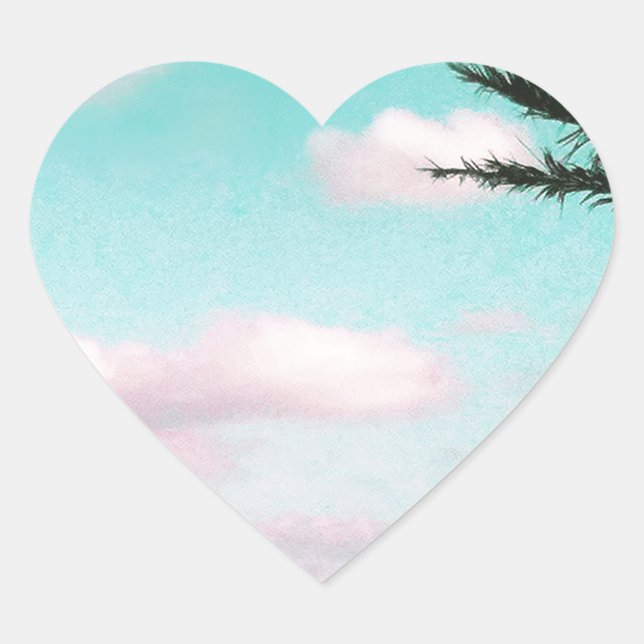 Tropical Beach, Ocean View, Pink Clouds, Palm Heart Sticker (Front)