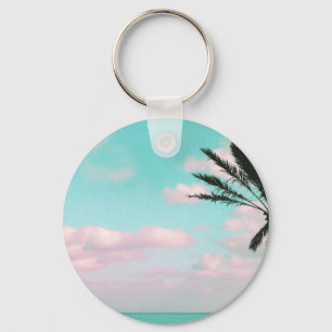 Tropical Beach, Ocean View, Pink Clouds, Palm Keychain
