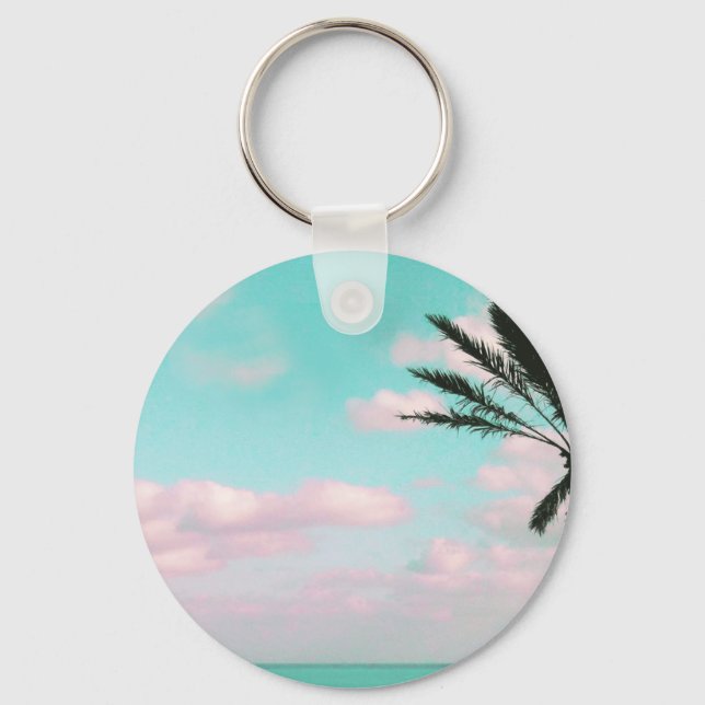 Tropical Beach, Ocean View, Pink Clouds, Palm Keychain (Front)