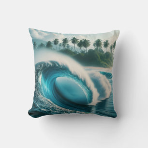 Tropical Beach Ocean Wave Crescendo Palm Trees Throw Pillow