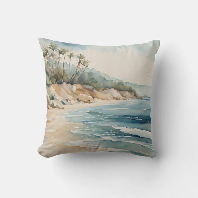 Tropical Beach Ocean Waves Blue Beige Coastal Throw Pillow (Front)