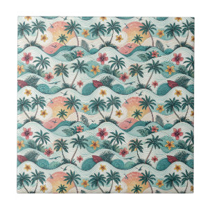 Tropical Beach Ocean Waves Hawaiian Floral Pattern Tile