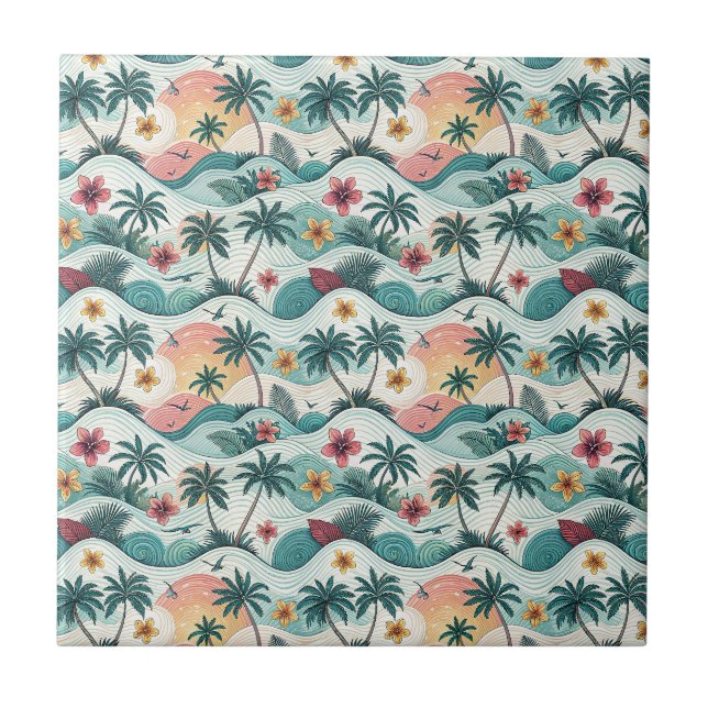 Tropical Beach Ocean Waves Hawaiian Floral Pattern Tile (Front)