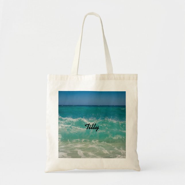 Tropical Beach Ocean Waves Name Tote Bag (Front)