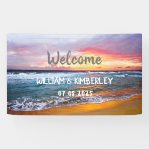Tropical Beach Ocean Waves Sunset Elegant Wedding Banner
