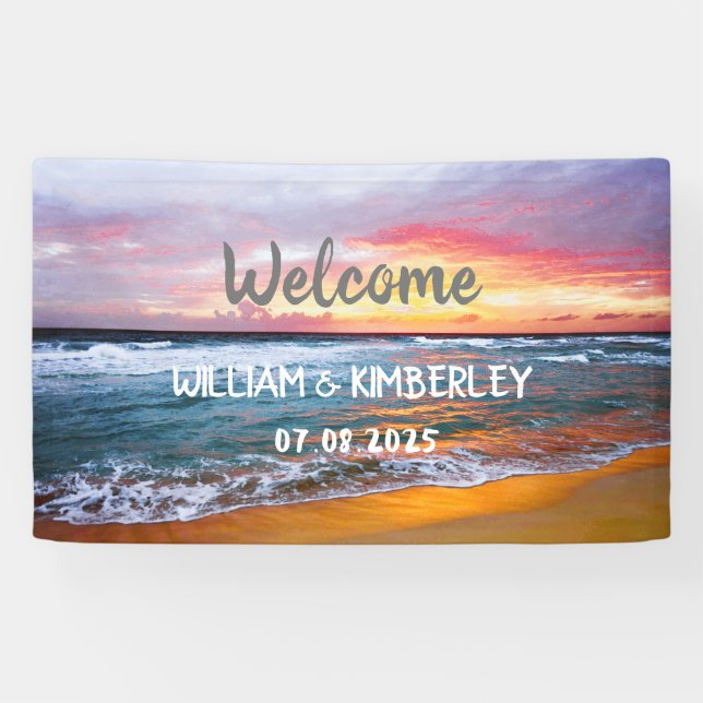 Tropical Beach Ocean Waves Sunset Elegant Wedding Banner (Horizontal)