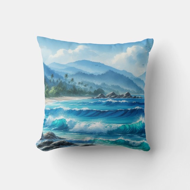 Tropical Beach Ocean Waves Watercolors Throw Pillow (Front)