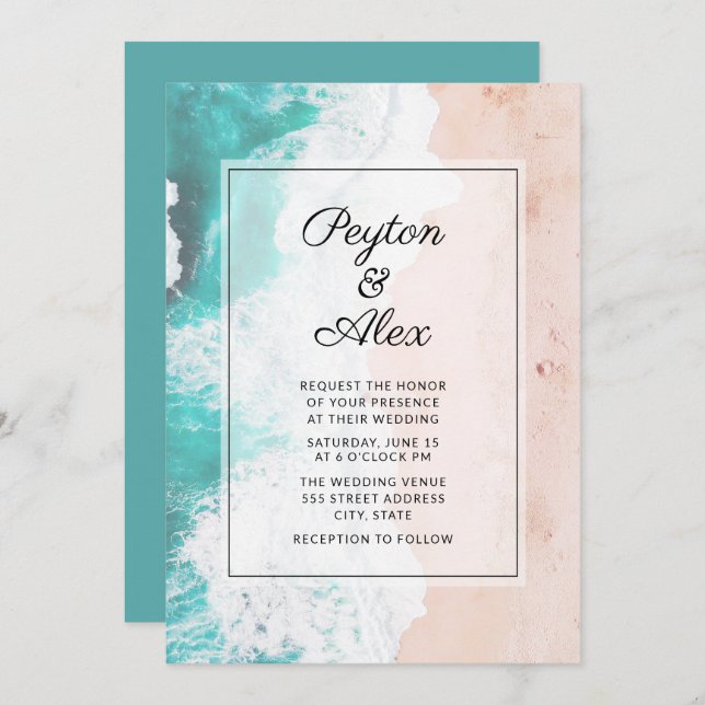 Tropical Beach Ocean Waves Wedding  Invitation (Front/Back)