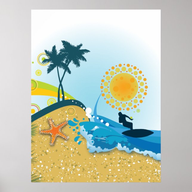 Tropical beach, ocean with surfer poster print (Front)